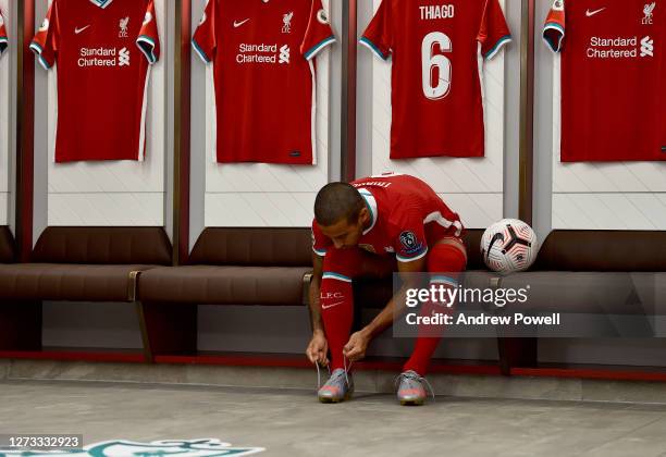 Thiago Alcantara new signing of Liverpool at Anfield on September 18, 2020 in Liverpool, England.