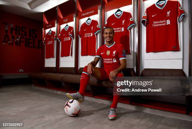 Thiago Alcantara new signing of Liverpool at Anfield on September 18, 2020 in Liverpool, England.