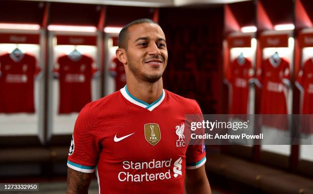 Thiago Alcantara new signing of Liverpool at Anfield on September 18, 2020 in Liverpool, England.