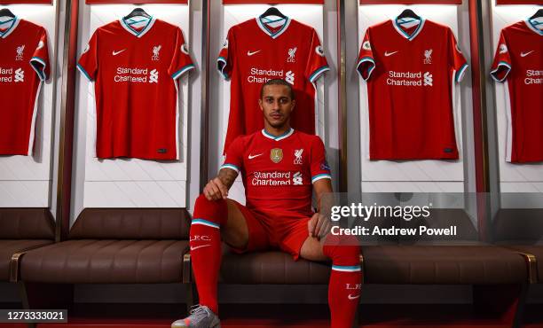 Thiago Alcantara new signing of Liverpool at Anfield on September 18, 2020 in Liverpool, England.