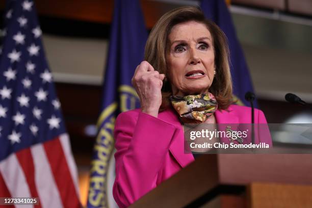Speaker of the House Nancy Pelosi talks to reporters during her weekly news conference at the U.S. Capitol Visitors Center September 18, 2020 in...