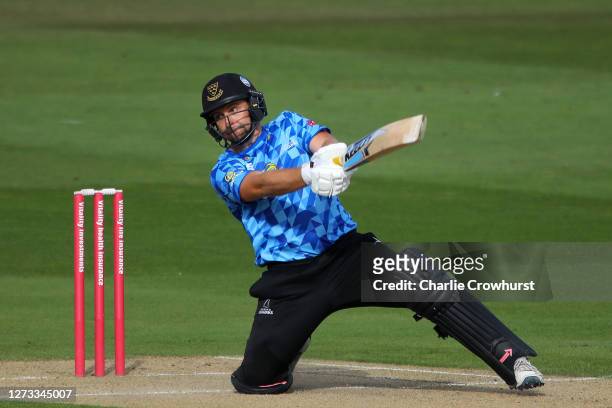 Luke Wright of Sussex hits out during the T20 Vitality Blast match between Sussex Sharks and Middlesex at The 1st Central County Ground on September...