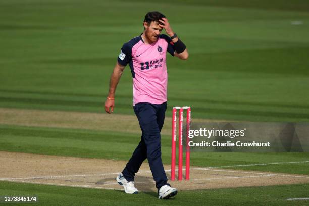 James Harris of Middlesex is left annoyed during the T20 Vitality Blast match between Sussex Sharks and Middlesex at The 1st Central County Ground on...