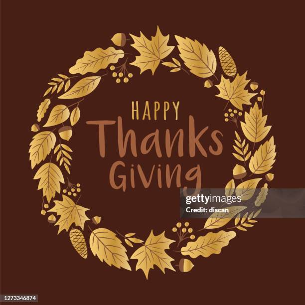 happy thanksgiving card with golden wreath. - thanksgiving 2020 stock illustrations