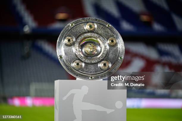 The Bundesliga championship trophy is seen prior the Bundesliga match between FC Bayern Muenchen and FC Schalke 04 at Allianz Arena on September 18,...