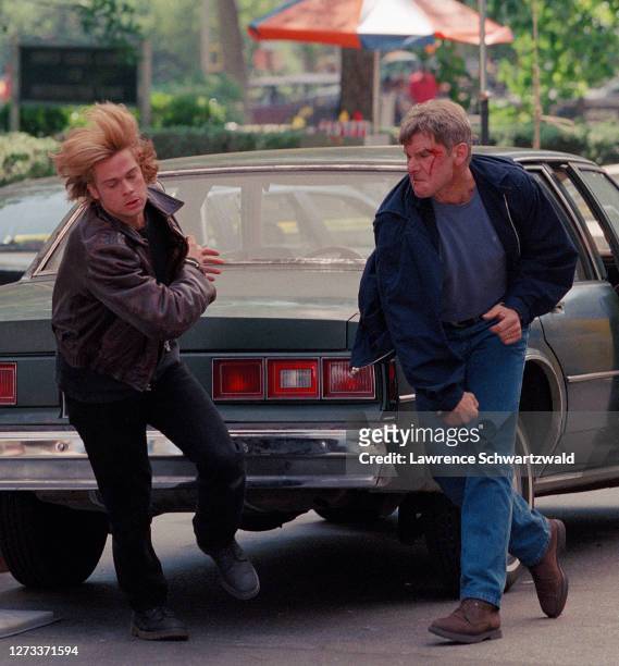 Brad Pitt and Harrison Ford in a fight scene on the downtown set of "Devil's Own," NYC on June 7, 1996.