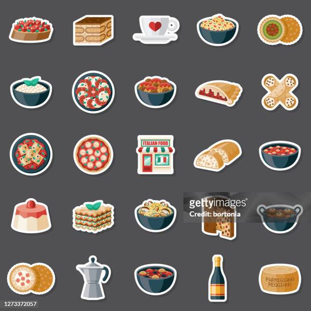 ilustraciones, imágenes clip art, dibujos animados e iconos de stock de conjunto de pegatinas del restaurante italiano - spaghetti bolognese