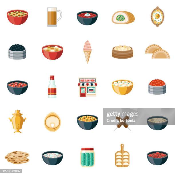 russian restaurant icon set - pickled cucumber soup stock illustrations