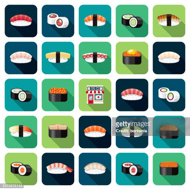 sushi restaurant icon set - hosomaki stock-grafiken, -clipart, -cartoons und -symbole