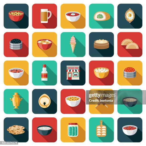 russian restaurant icon set - pickled cucumber soup stock illustrations