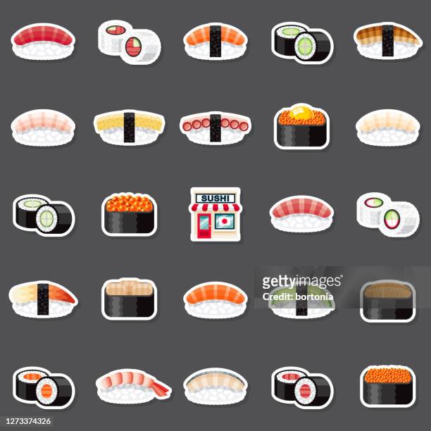 sushi restaurant sticker set - hosomaki stock-grafiken, -clipart, -cartoons und -symbole