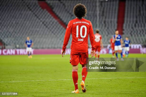 Leroy Sane of FC Bayern Muenchen is seen after scoring his teams seventh goal during the Bundesliga match between FC Bayern Muenchen and FC Schalke...