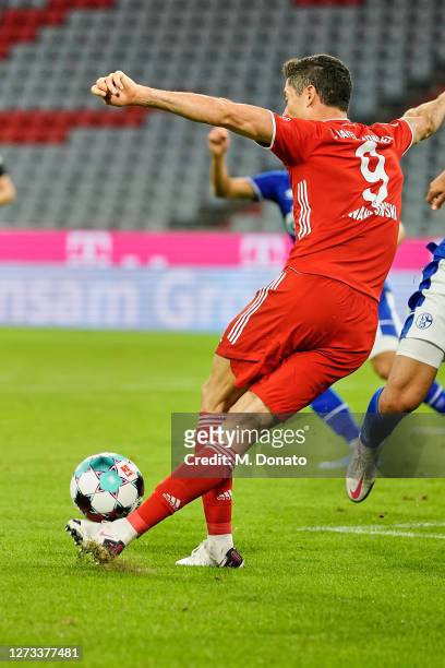 Robert Lewandowski of FC Bayern Muenchen plays the ball during the Bundesliga match between FC Bayern Muenchen and FC Schalke 04 at Allianz Arena on...