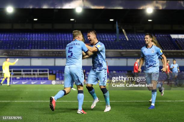 Kyle McFadzean of Coventry celebrates scoring their third goal during the Sky Bet Championship match between Coventry City and Queens Park Rangers at...
