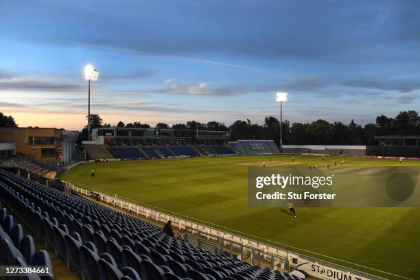 General view of the game being played infront of an empty stadium during the T20 Vitality Blast game between Glamorgan and Gloucestershire at Sophia...