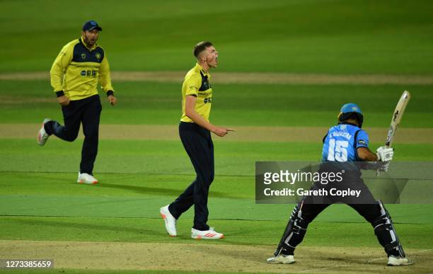 Henry Brookes of Birmingham celebrates dismissing Brett DOliveira of Worcestershire during the T20 Vitality Blast 2020 between Birmingham Bears and...
