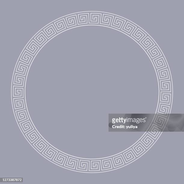 seamless meander pattern round frame in gray and white color, greek key pattern background - mosaic greek stock illustrations