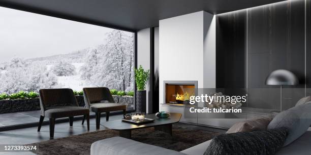 modern minimalist apartment interior living room with fireplace - panoramic room stock pictures, royalty-free photos & images