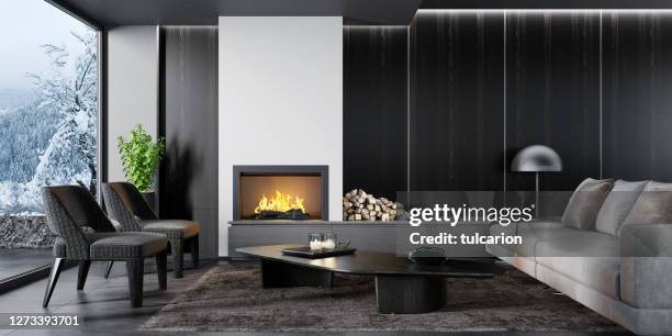 modern minimalist apartment interior living room with fireplace - side table stock pictures, royalty-free photos & images