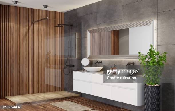 modern scandinavian bathroom with fireplace - modern bathroom stock pictures, royalty-free photos & images