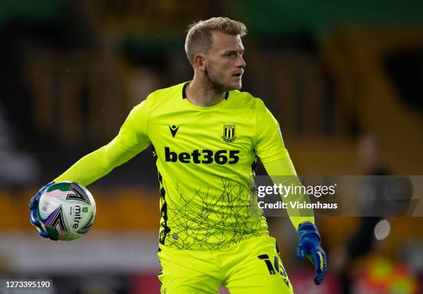 Goalkeeper Adam Davies of Stoke City during the Carabao Cup second round match between Wolverhampton Wanderers and Stoke City at Molineux on...