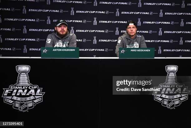 Goaltender Anton Khudobin and Miro Heiskanen of the Dallas Stars speak during media day ahead of the 2020 Stanley Cup Final to be played against the...