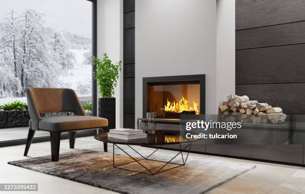 moderno apartamento minimalista interior sala de estar con chimenea - winter fire fotografías e imágenes de stock
