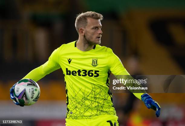 Goalkeeper Adam Davies of Stoke City during the Carabao Cup second round match between Wolverhampton Wanderers and Stoke City at Molineux on...