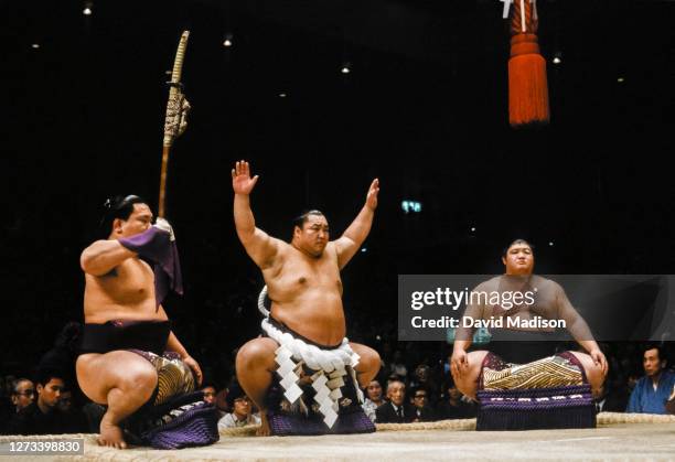 Kitanoumi Toshimitsu performs the Dohyo-iri ring entering ceremony during the 1983 Kyushu Basho sumo wrestling tournament held in November 1983 at...