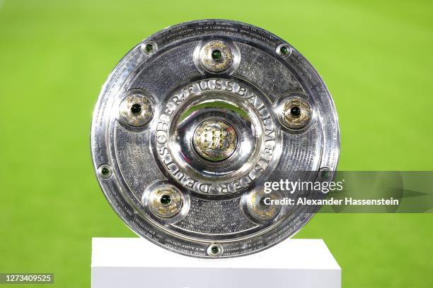 The German Championhip winners trophy is displayed prior to the Bundesliga match between FC Bayern Muenchen and FC Schalke 04 at Allianz Arena on...