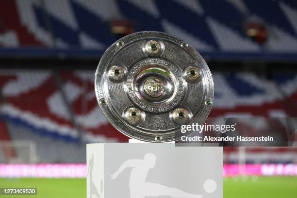 The German Championhip winners trophy is displayed prior to the Bundesliga match between FC Bayern Muenchen and FC Schalke 04 at Allianz Arena on...