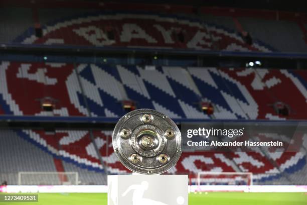 The German Championhip winners trophy is displayed prior to the Bundesliga match between FC Bayern Muenchen and FC Schalke 04 at Allianz Arena on...