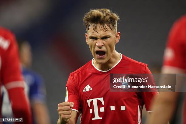 Joshua Kimmich of Bayern Munich reacts during the Bundesliga match between FC Bayern Muenchen and FC Schalke 04 at Allianz Arena on September 18,...