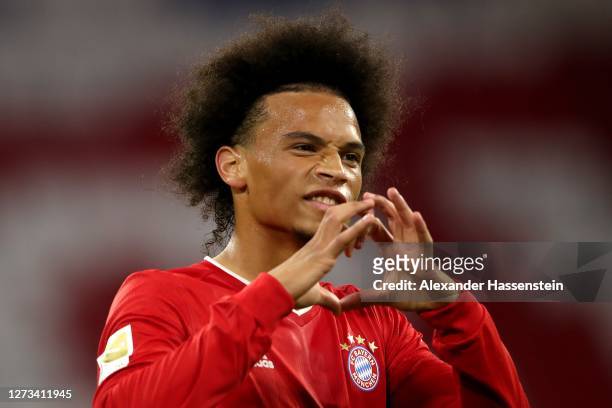 Leroy Sane of Bayern Munich celebrates scoring the 7th goal during the Bundesliga match between FC Bayern Muenchen and FC Schalke 04 at Allianz Arena...