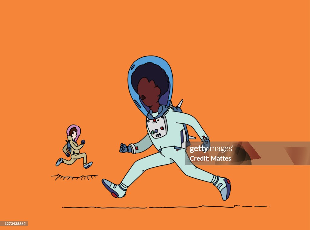 Men of African ethnicity and caucasian ethnicity going for a run. Wearing a mask and social distancing in space.