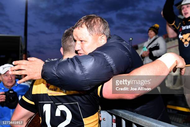 Teihorangi Walden of Taranaki and his father share a moment after defeating Canterbury and obtaining the Ranfurly Shield during the round 2 Mitre 10...