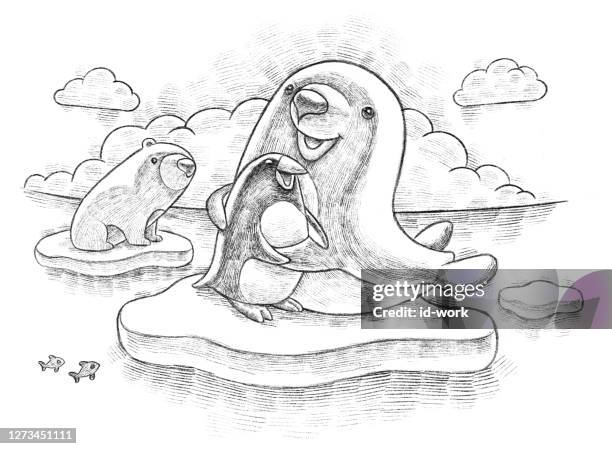 seal hugging penguin sketch - bear cub stock illustrations