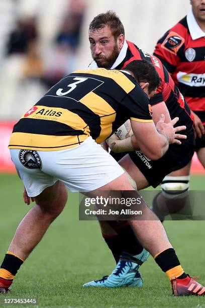 Luke Romano of Canterbury looks to run into a tackle during the round 2 Mitre 10 Cup match between Canterbury and Taranaki at Orangetheory Stadium on...