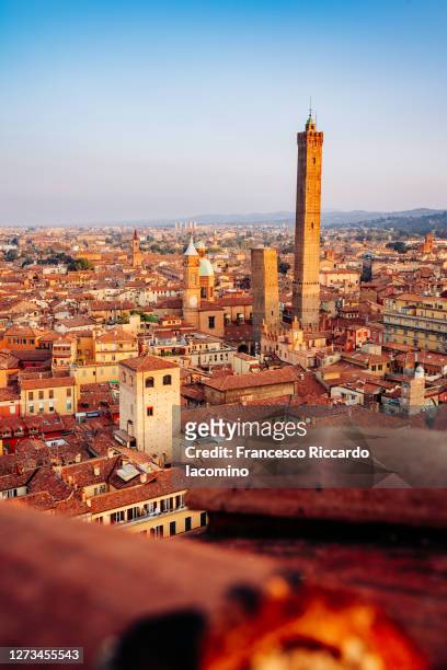 bologna, emilia romagna, italy. towers, rooftops and copyspace - bologna bildbanksfoton och bilder