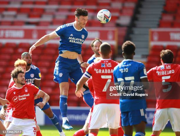 Kieffer Moore of Cardiff City scores his sides first goal during the Sky Bet Championship match between Nottingham Forest and Cardiff City at City...