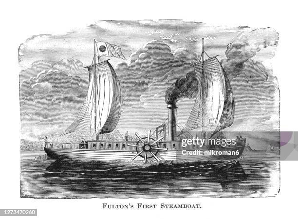 old engraved illustration of robert fulton’s first steamboat - steamer stock pictures, royalty-free photos & images