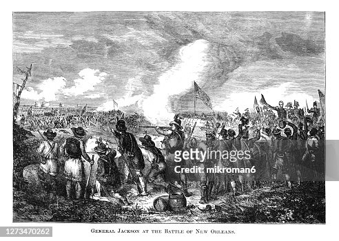 Engraving illustration of General Andrew Jackson at the Battle of New Orleans