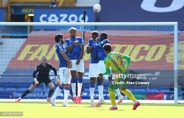 Matheus Pereira of West Bromwich Albion scores his team's second goal during the Premier League match between Everton and West Bromwich Albion at...