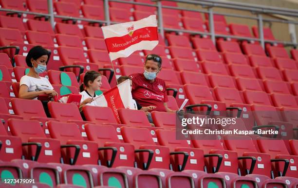 VfB Stuttgart fans are seen in the stands ahead of the Bundesliga match between VfB Stuttgart and Sport-Club Freiburg at Mercedes-Benz Arena on...
