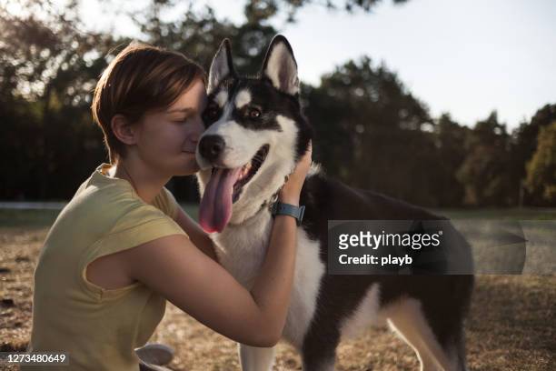 teenage girl with husky dog outdoors - emotional support stock pictures, royalty-free photos & images