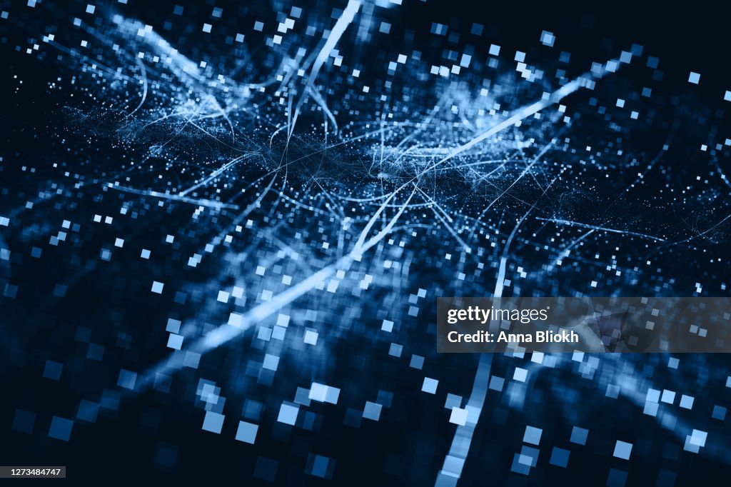 Abstract futuristische exploderende Pixel Neon Blauw Gloeiend patroon Verbinding Communicatie 5G Energy Network Computer Smart City Internet Technology Achtergrond Lichtstralen Zoom Effect Fractal Art