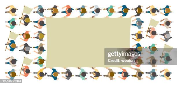 overhead view of crowd people walking and carrying big blank flag - parade crowd stock illustrations