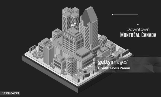 old retro black and white isometric skyscrapers of downtown montreal city with 3d empire state building - downtown stock illustrations