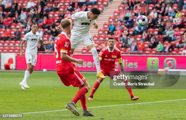 Ruben Vargas of FC Augsburg scores his team's first goal with a header during the Bundesliga match between 1. FC Union Berlin and FC Augsburg at...