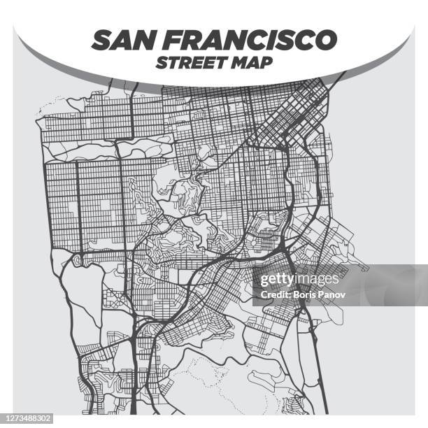 kreative flache karte von san francisco, kalifornien mit schwarzen straßen und weißem hintergrund - avenue stock-grafiken, -clipart, -cartoons und -symbole